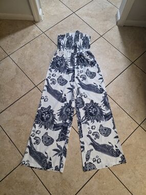 Strapless Wide-Leg Smocked Jumpsuit in White with Navy Sun Print